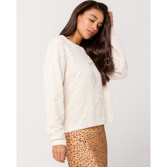 Soft Chenille Beach Sweater Pom Accent Color Cream - Picture 3 of 11